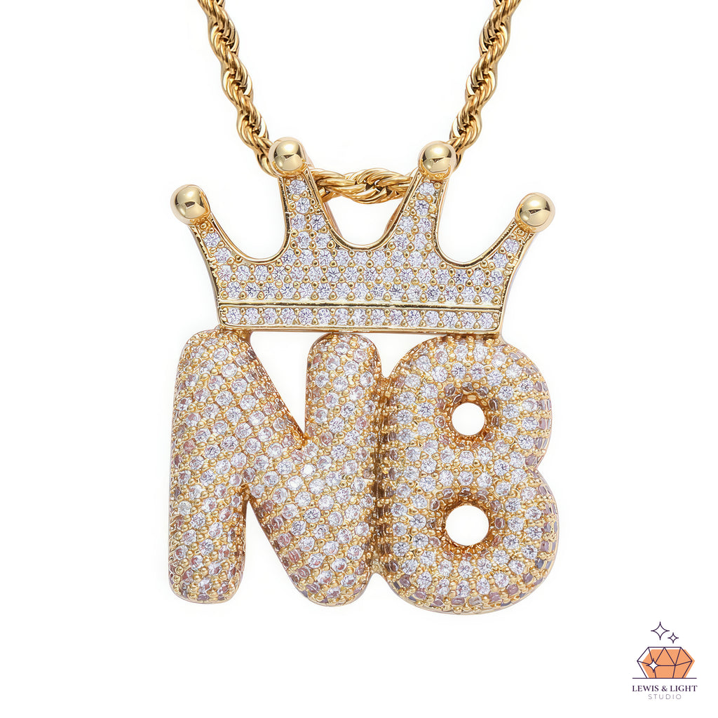Iced Out Bubble Letter Necklace with Crown – Chunky Urban Hip Hop Pendant