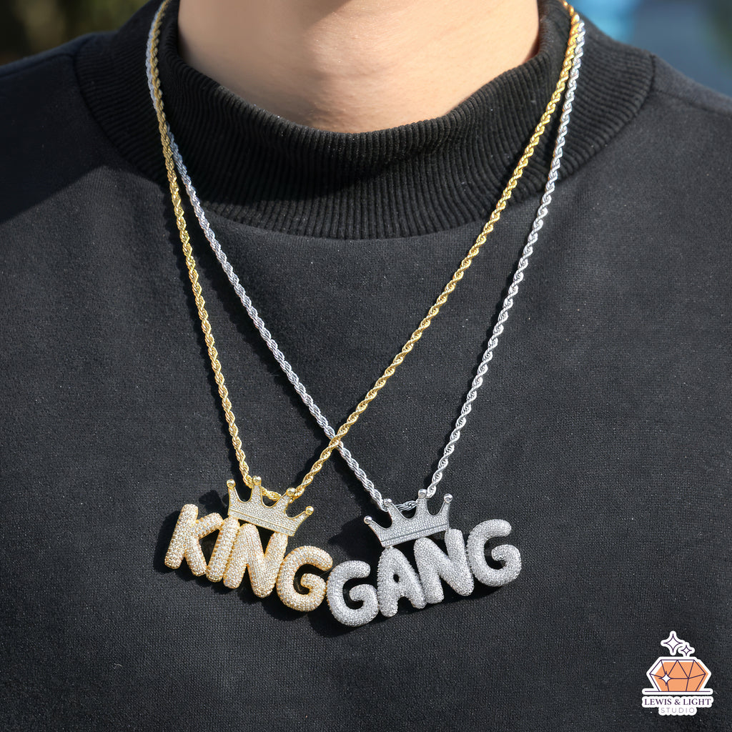 Iced Out Bubble Letter Necklace with Crown – Chunky Urban Hip Hop Pendant