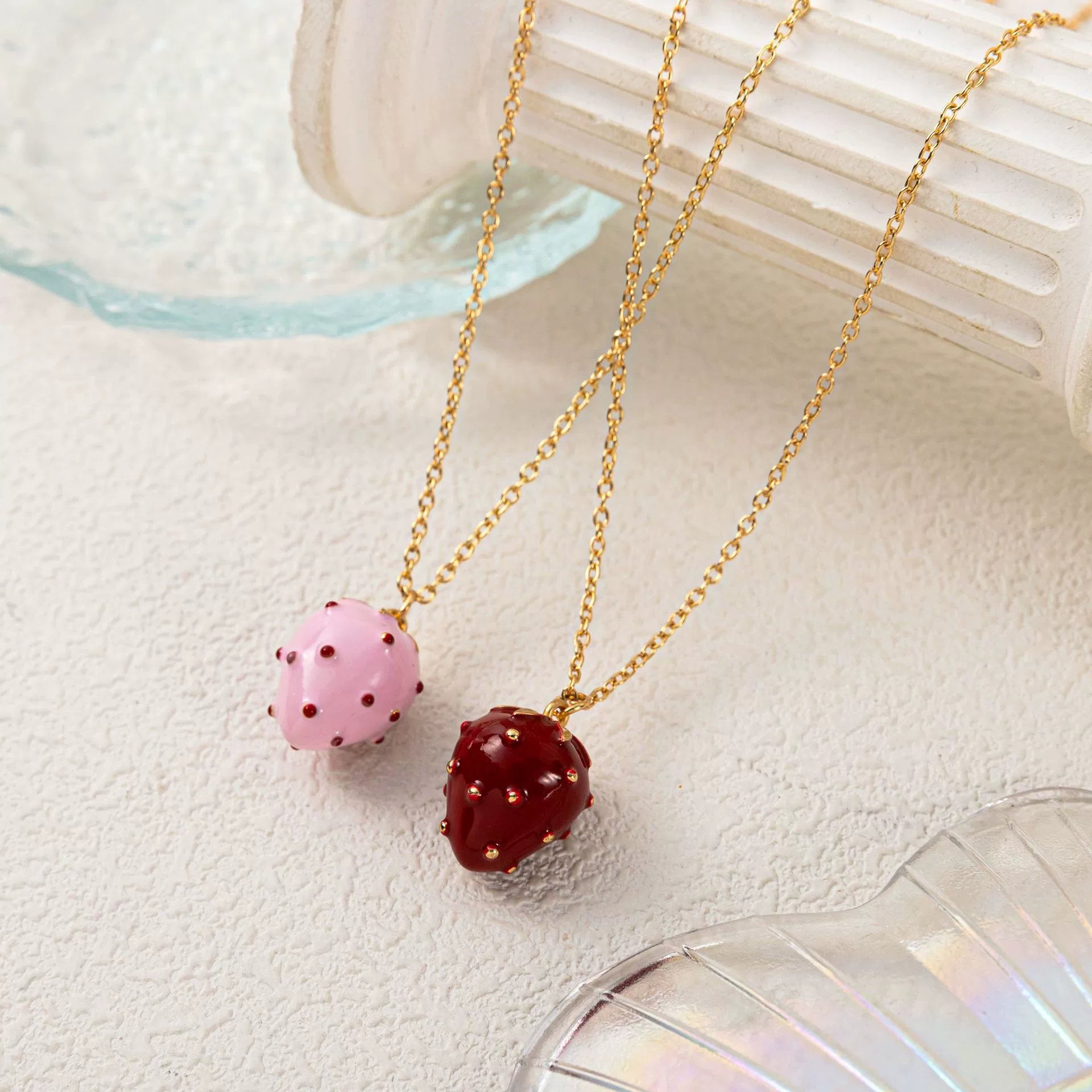Petite Strawberry Agate Charm Necklace – Dainty Gold Fruit Pendant Jewelry