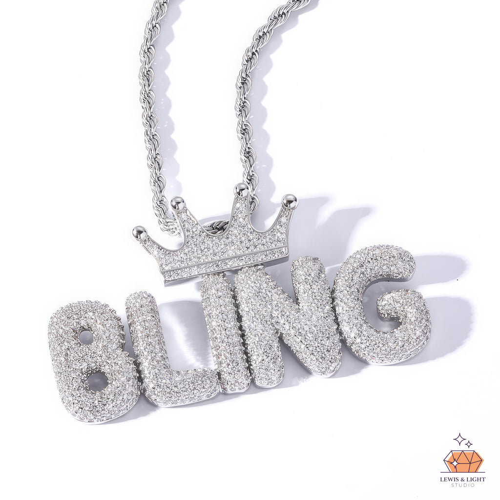 Iced Out Bubble Letter Necklace with Crown – Chunky Urban Hip Hop Pendant