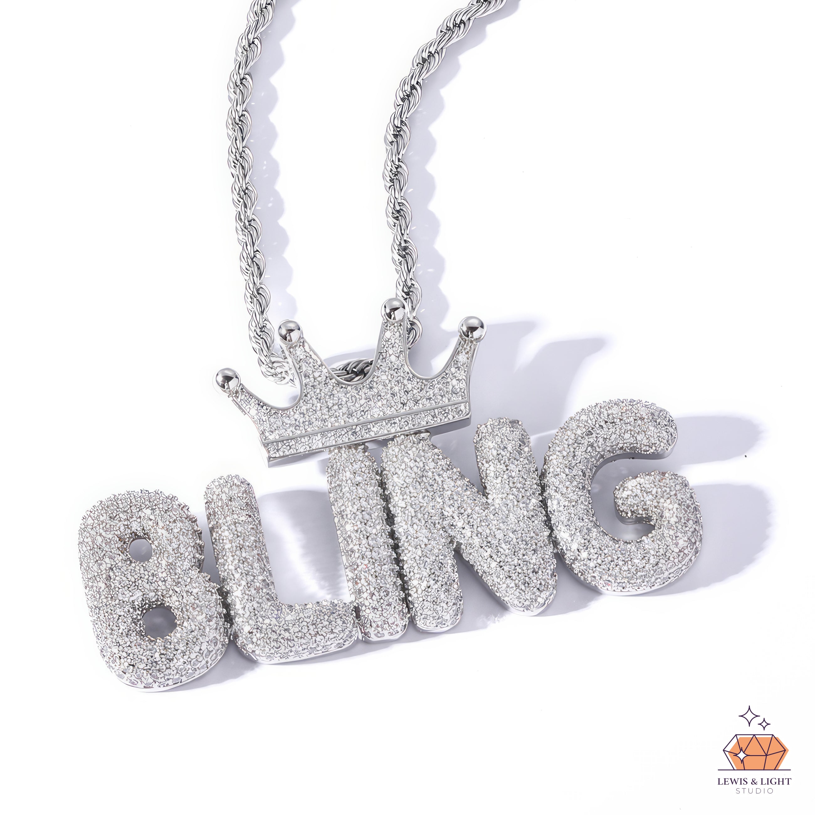 Iced Out Bubble Letter Necklace with Crown – Chunky Urban Hip Hop Pendant
