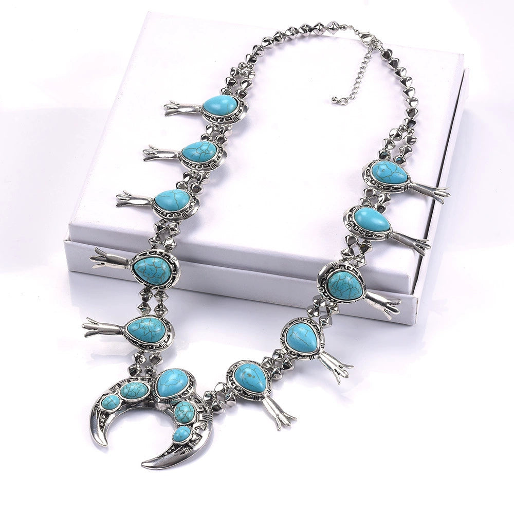 ARIS DESIGNER Faux Blue Turquoise Squash Blossom Necklace – Skelapparel Southwestern Navajo Pearl Set | Kingman Style