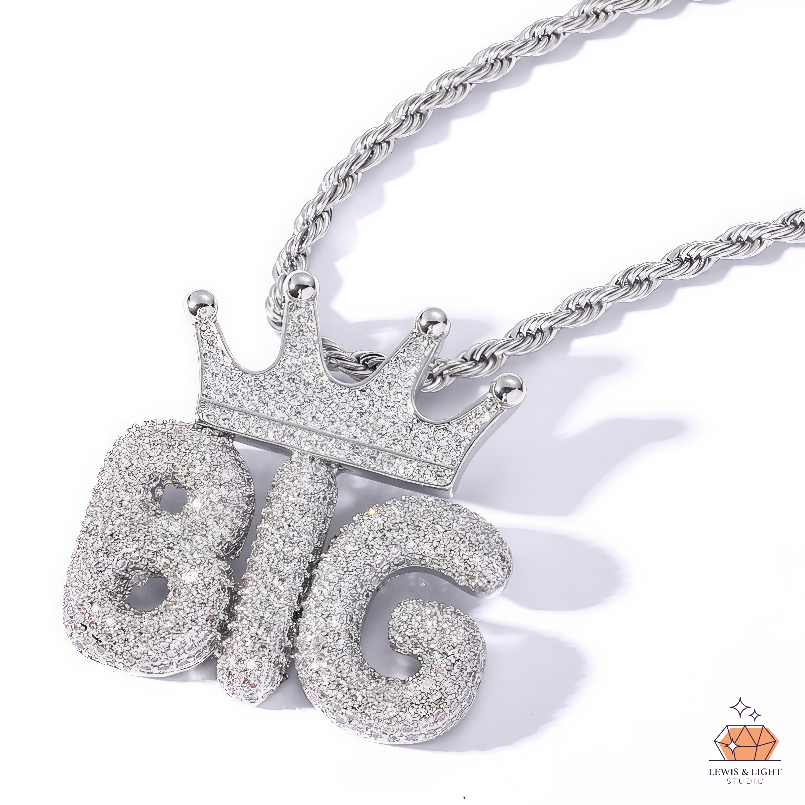 Iced Out Bubble Letter Necklace with Crown – Chunky Urban Hip Hop Pendant