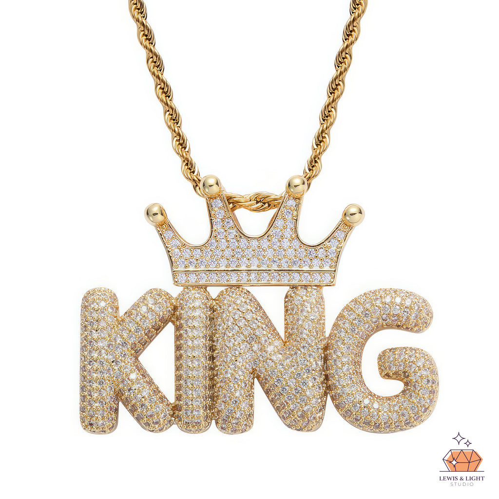 Iced Out Bubble Letter Necklace with Crown – Chunky Urban Hip Hop Pendant