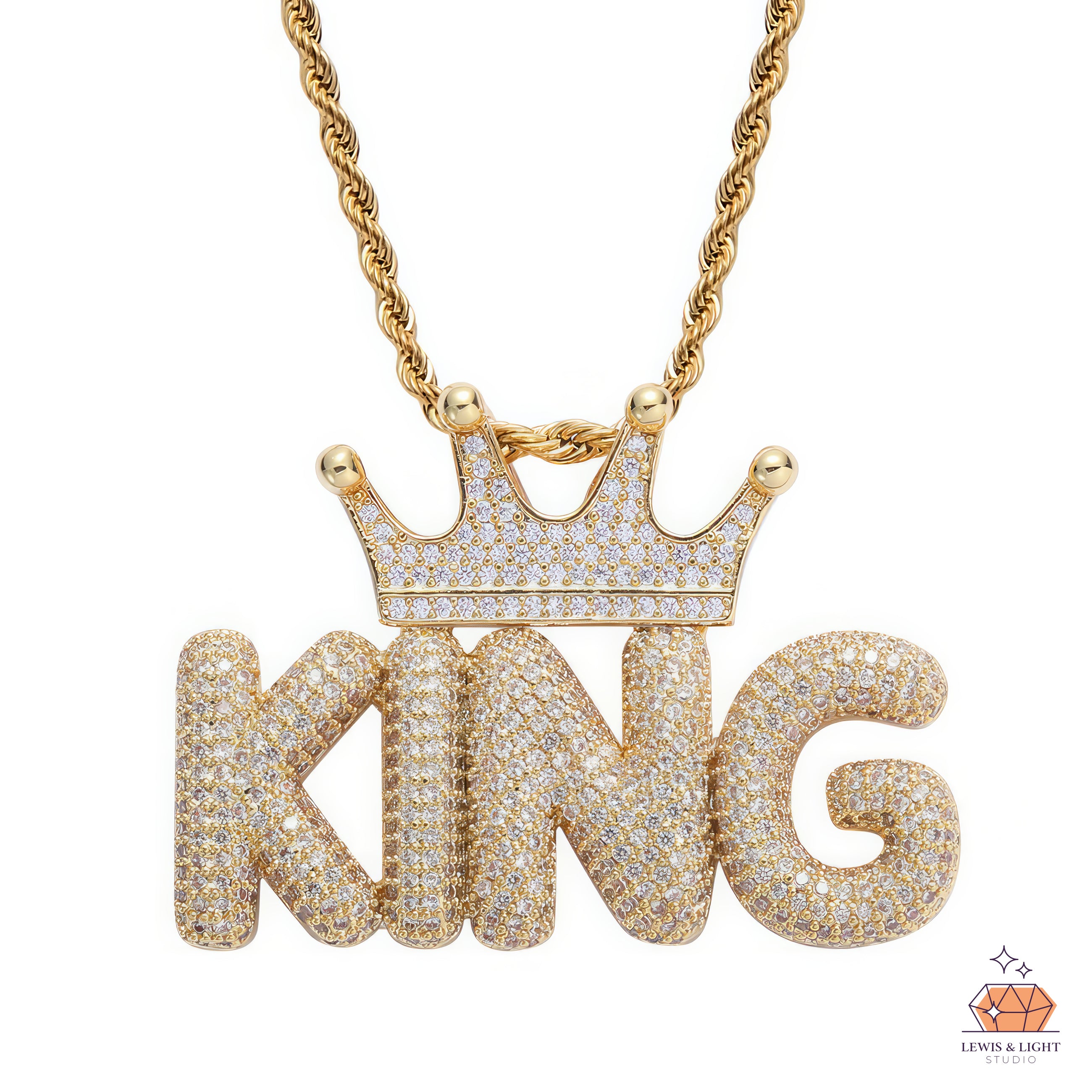Iced Out Bubble Letter Necklace with Crown – Chunky Urban Hip Hop Pendant